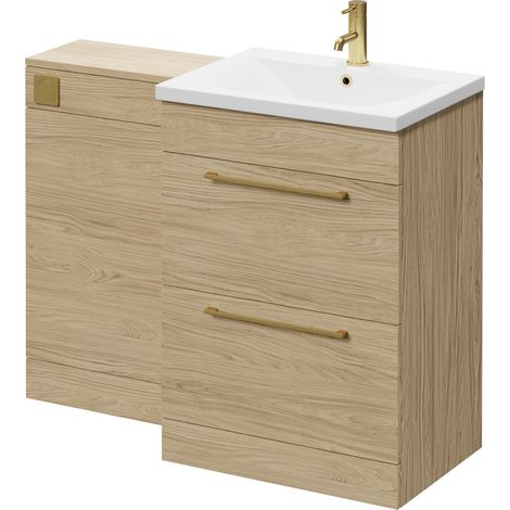 Napoli 460 Light Oak 1100mm 2 Drawer Vanity Unit Toilet Suite with Glide Basin - 1100mm - Brushed Brass 320mm HandleWithout Kingston Toilet Pan
