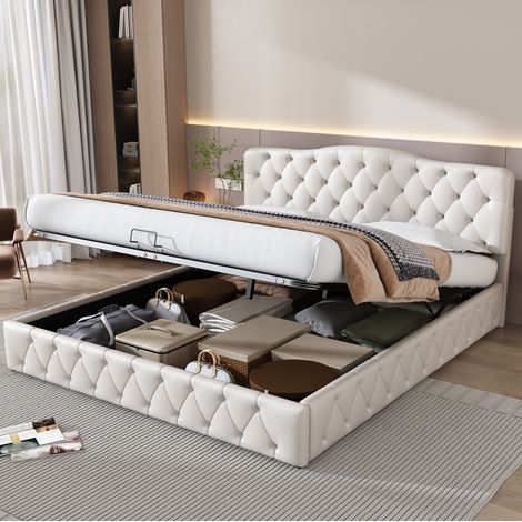 Letto con contenitore in PU bianco 180x200 cm, rete a doghe inclusa e testiera regolabile (1/5)
