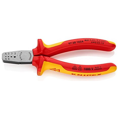 Knipex Pinza per Serrare Terminali a Bussola Isolati con Manici Rivestiti in Materiale Bicomponente, Collaudati Vde 145 Mm 97 68 145 A (1/4)