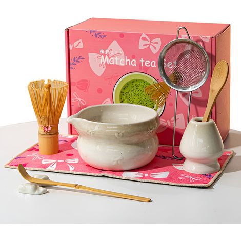Matcha Set - Bol En Bambou Chasen - 470 ml - Avec Porte-Chasen En Porte-Cuillère En Céramique - Serviette En Coton Et Tamis À Poudre - 8 Pièces