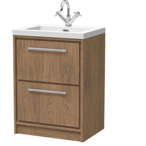 Longnor 2 Drawer Floor Standing Vanity Unit with 1 Tap Hole Modern Fireclay Basin, Antique Oak, 600mm