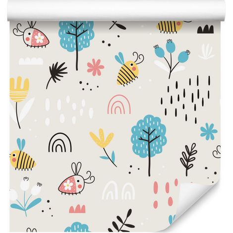 Tapete mit Bienen- und Pflanzenmotiv im skandinavischen Stil, 50 x 1000 cm (1/5)