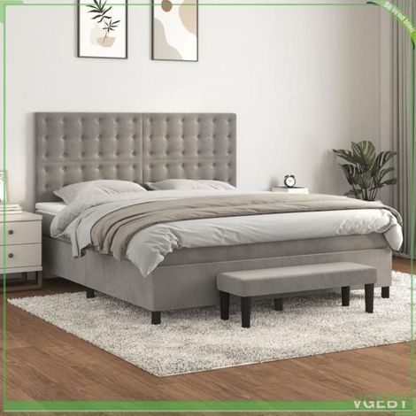Sommier à lattes et matelas - 180x200 - Velours gris clair - Matelas 20 cm ressorts ensachés - Tête de lit réglable (1/5)