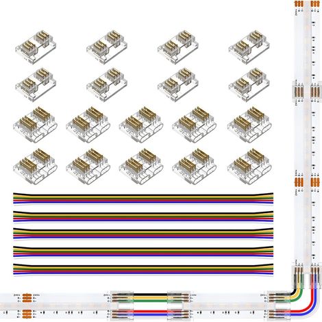 Kit de Connecteurs LED FCOB RGBCCT de bande 6 broches 12mm Connecteur d'angle LED 18 connecteurs transparents sans soudure carte à carte/carte à fil + 5 câbles d'extension 24 AWG de 15cm (1/5)