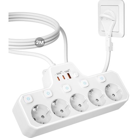 Multiprise Extra Plate, Bloc 5 Prises avec Interrupteur Individuel, Blanc  Multiprise Plate Derriere Meuble,Prise Multiple Murale USB C PD20W Recharge,Rallonge Electrique 2M,Parafoudre et Surtension (1/5)