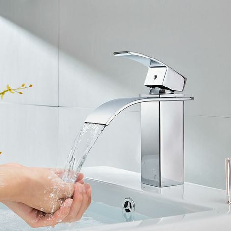 Miscelatore monocomando a cascata Auralum per lavabi e lavandini da bagno, finitura cromata moderna, lato destro e sinistro
