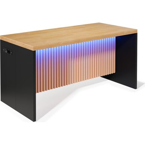 Isola da cucina industriale 155x80x90 cm in MDF nero e effetto legno con LED, 2 prese e 2 USB (1/5)