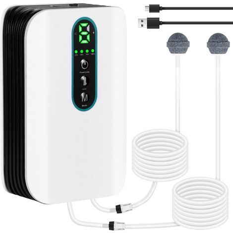 Pompe à air d'aquarium - Rechargeable par USB - Avec double sortie - Portable - Avec batterie de 2600 mAh - Débit réglable silencieux - 2 x 3 l/min - Pour la pêche en plein air et le transport de
