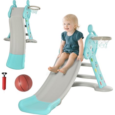 Toboggan enfant +18 mois pliable 2-en-1, panier basket modèle girafe, 140x87x85,5 cm, bleu/gris (1/5)
