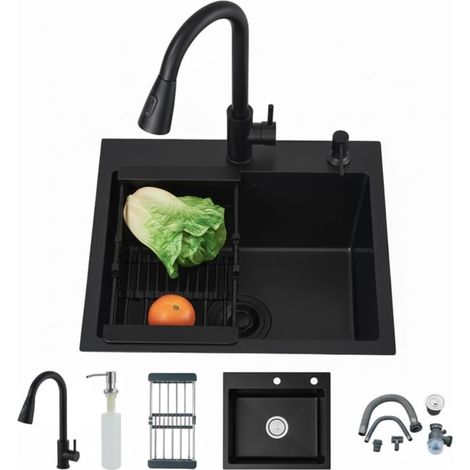 Evier de Cuisine en Acier Inoxydable Évier de Cuisine 1 bac avec 2 Trous de Montage 50 45 cm Evier de Cuisine Kit (Noir) (1/5)