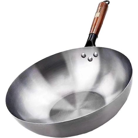 Poêle wok antiadhésive en acier au carbone, compatible gaz et induction, à fond plat et manche en bois, idéale pour les sautés, les sandwichs et les fromages fondus. (1/4)