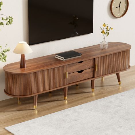 Meuble TV 175 cm avec porte coulissante en rotin et aspect noyer, 175x38x45 cm (1/5)