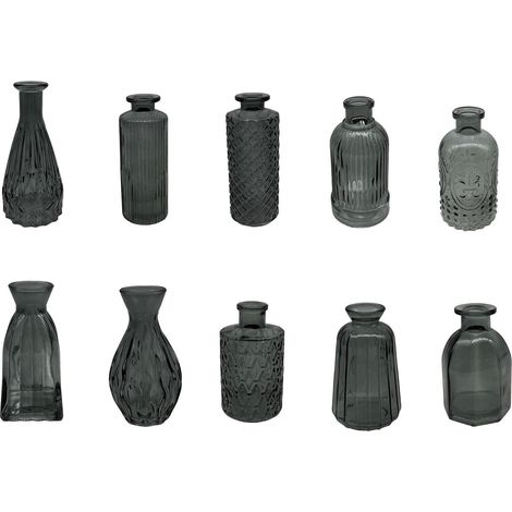 Relaxdays Vases, ensemble de 10, texturés, style vintage, verre, H : 10-14,7 cm, petites vases décoratifs, gris