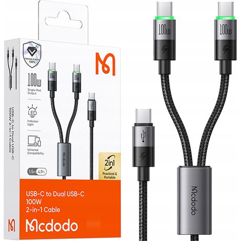 MCDODO USB-C-Kabel 2-in-1 Schnellladekabel für iPhone und MacBook, LED, 100 W, 2 m (1/5)