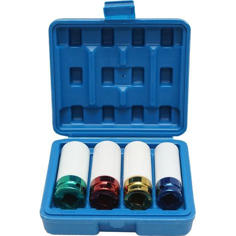Set di chiavi a percussione per bulloni ruota con protezione del cerchione 17 mm, 19 mm, 21 mm, 22 mm, quadrate da 1/2 pollice Breckner Germany (1/4)