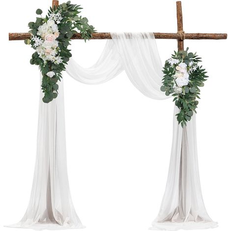 Kit Fleurs Artificielles pour Arche de Mariage avec 2 Bouquets de Fleurs, 2 Rideaux Translucides, pour Décoration de Célébrations Cérémonie, de Toile de Fond de Réception, Événements, Blanc (1/5)