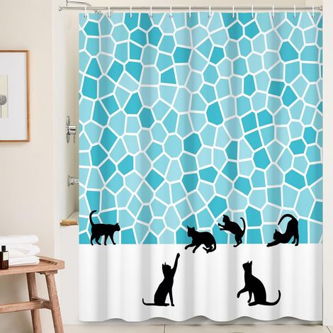 180x180cm Rideau de Douche Chat Noir Mignon Chaton Silhouette sur Mosaïque Bleue Ensemble Drôle pour Animaux de Compagnie Baignoire Étanche (1/5)