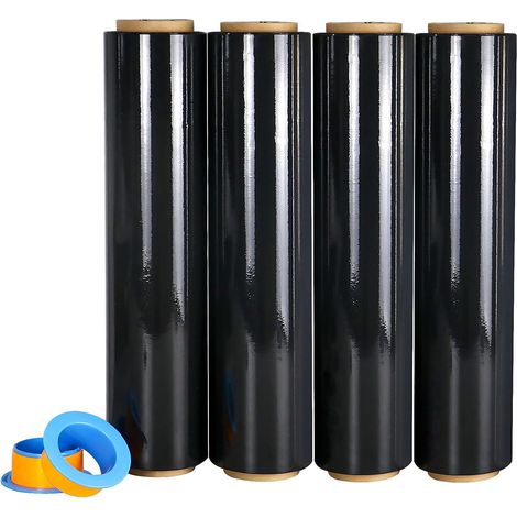 Noir Film étirable demenagement (lot de 4) de film emballage, Cling Film 250m x 450 mm x 17 µm avec poignée de roulement en plastique, pour emballage et déménagement (1/5)