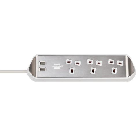 Brennenstuhl Estilo Corner Extension Lead with USB Ports, 240V, 3-Gang, 13A, White, 2m, Stainless Steel Finish (1/5)