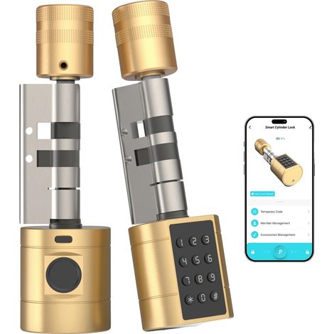Cylindre de serrure intelligent, alliage d'aluminium, épaisseur de porte de 35 mm à 70 mm, connectivité Bluetooth, multiples méthodes de déverrouillage, alimentation d'urgence TYPE-C (1/5)
