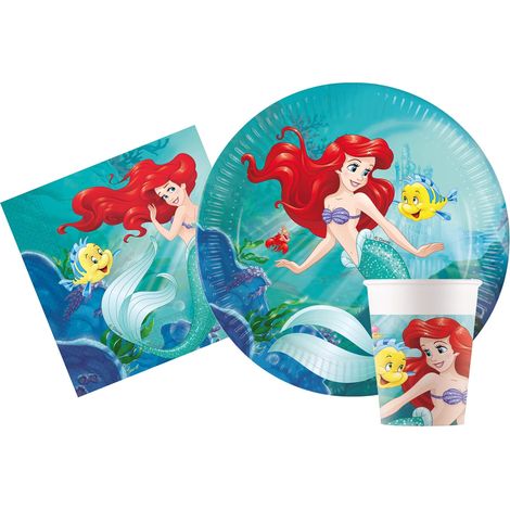 Kit Party Tavola Disney Princess Ariel Little Mermaid la Sirenetta per 24 persone (88 pezzi: 24 piatti Ø23cm, 24 bicchieri 200ml, 40 tovaglioli 33x33cm) in carta FSC compostabile eco-friendly (1/5)