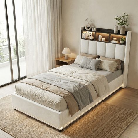 Letto singolo 90x200 cm con illuminazione LED e stazione di ricarica USB/Type-C, letto imbottito con contenitore idraulico, velluto, stile moderno, Bianco