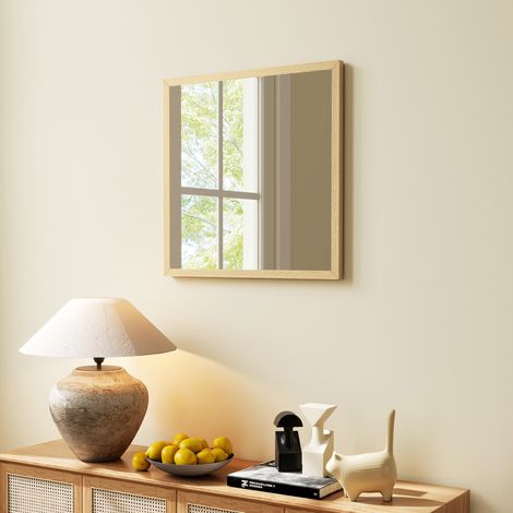 Espejo de pared cuadrado de 50 x 50 cm, con marco de madera natural, ideal para el baño, el salón o el dormitorio.