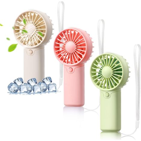 Juego de 3 pequeños ventiladores portátiles a pilas, mini ventiladores personales para verano, viajes, uso en interiores y exteriores, rosa, blanco, verde. (1/5)