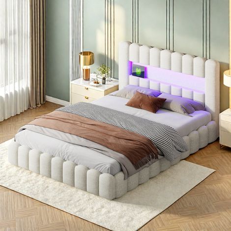 Polsterbett 180x200 cm, Eingebettete Matratze, Doppelbett mit weicher Rückenlehne, gepolsterte Umrandung, Kopfteil mit LED und USB-Anschluss, Leinen Beige (1/5)