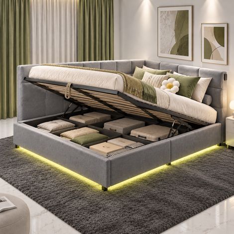 Canapé-lit rembourré gris 90 x 200 cm - Lit coffre simple en velours avec rangement - Ports USB et Type-C - Bande lumineuse LED télécommandée - Salon/Chambre (1/5)