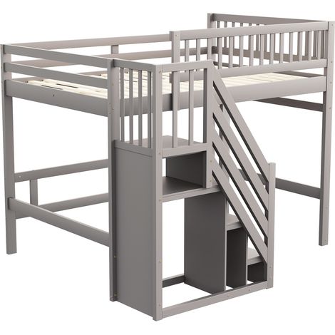 Lit mezzanine 140 x 200 avec escalier de rangement, garde-corps haut, gris, MODENUIT (1/5)