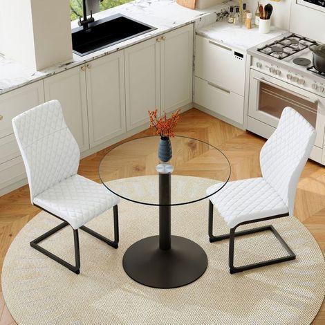 Table de salle à manger avec chaises, diamètre 85 cm, 2 chaises blanches dossier haut, revêtement PU (1/5)