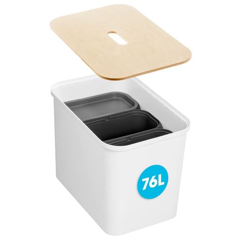 Poubelle Tri Selectif - Lot de 4 Bacs - 76 L et 13 L - Recyclage - Plastique - Siege en Bois - Déchets et Recyclage (1/5)