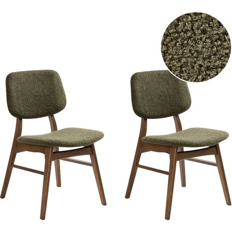 Conjunto de 2 sillas de comedor retro sin reposabrazos asiento de bouclé verde estructura de madera maciza oscura Elaine
