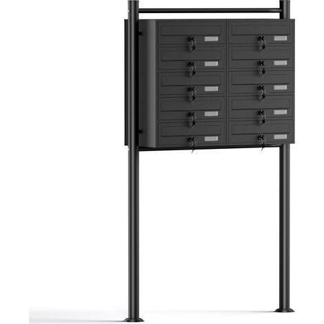 Wiltec 10er Briefkastenanlage schwarz 945 x 270 x 1500 mm, Standbriefkasten mit 2x5 Fächern, Schlüssel und Namensschild, Briefkasten Postkasten mit Ständer