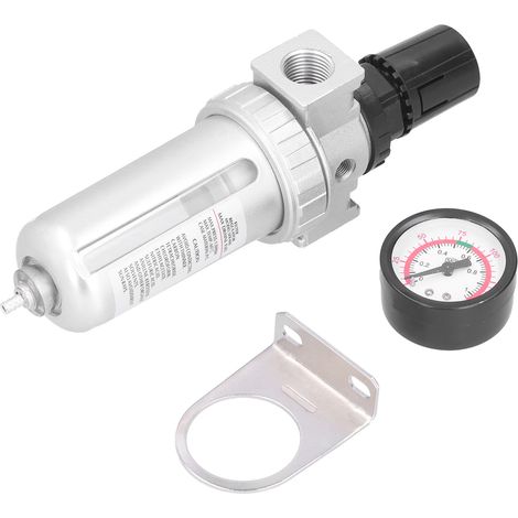 Ensemble filtre à air comprimé et vanne de régulation de pression, avec séparateur huile-eau et manomètre, adapté aux canalisations d'air comprimé. (1/5)