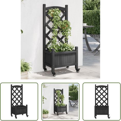 The Living Store Jardinière avec treillis et roues gris bois massif de sapin - Jardinier - Pot De Fleurs - Jardinerie - Plante Grimpante - Rosier (1/5)