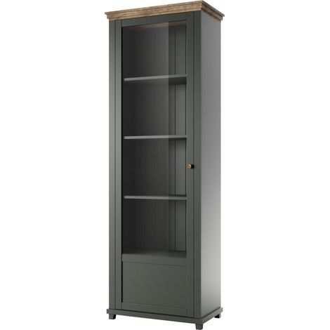 Estantería Tolnue 101, Verde oscuro + Roble de lefkada, Con puertas, Cerrable, Vidrio, MDF, Aglomerado laminado, Número de puertas: 1, Número de cajones: 0, 200x71x42cm (1/4)