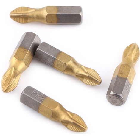 Jeu de 10 embouts de tournevis hexagonaux 1/4" revêtus de titane (longueur 25 mm, PH2, antidérapants, magnétiques, S2) (1/5)