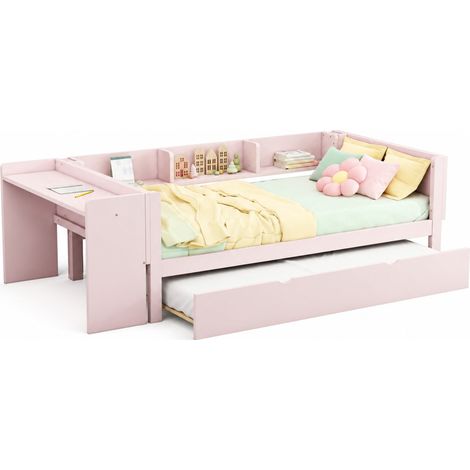 Letto singolo 90x200 con letto estraibile, scrivania integrata e tre ripiani laterali, rosa, per camera bambini e piccoli spazi  CHICFURN (1/5)