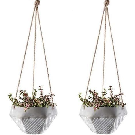 Set aus 2 hängenden Zementblumentöpfen mit verstellbarem Hanfseil für Zimmerpflanzen, Sukkulenten, Kakteen, künstliche Pflanzen (8 x 13 cm)
