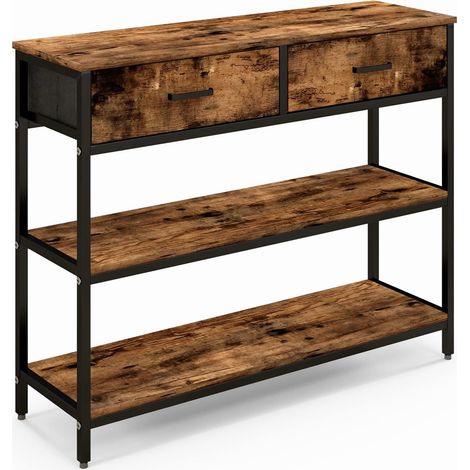 Costway – Table console industrielle 3 niveaux – 2 tiroirs pliants en tissu – Cadre métal robuste – Marron rustique – 100 x 30 x 80cm (1/5)