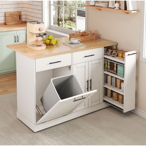 Isola da cucina pieghevole su ruote, 120x70x93 cm, con vano porta spezie, in MDF bianco (1/5)