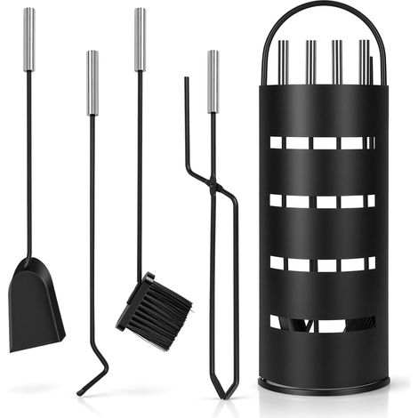 TolleTour Set camino 5 pezzi in metallo nero con manici effetto inox, kit completo con pinza, paletta, scopino, attizzatoio e supporto (1/5)