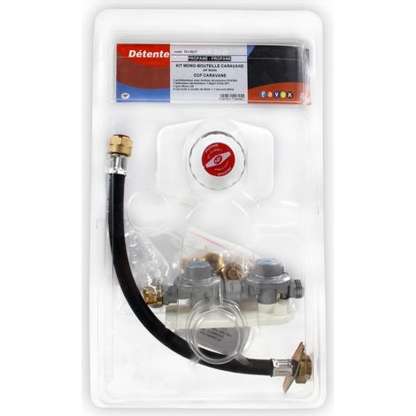 Favex – Coffret gaz propane mono-bouteille pour caravane – Détendeur 10kg/h – Prédétendeur 1,5 bar – Lyre 35cl – Raccords Normes NF