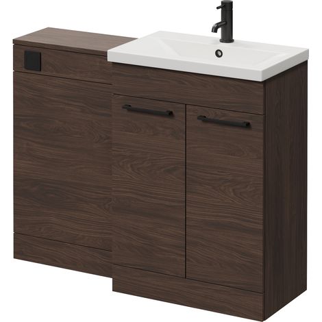 Napoli 390 Brown Oak 1100mm 2 Door Vanity Unit Toilet Suite with Glide Basin - 1100mm - Matt Black 160mm HandleWithout Kingston Toilet Pan