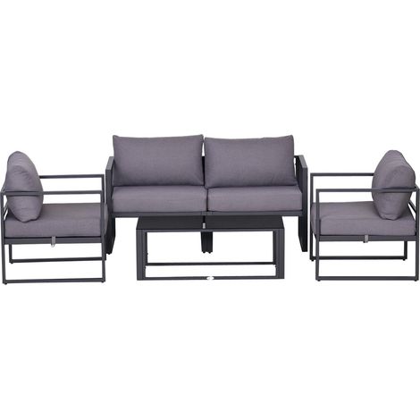 Ensemble de mobilier de jardin quatre pièces, salon de jardin, canapé avec coussins d'assise, table avec rangement, polyester, gris, 138 x 69 x 63 cm