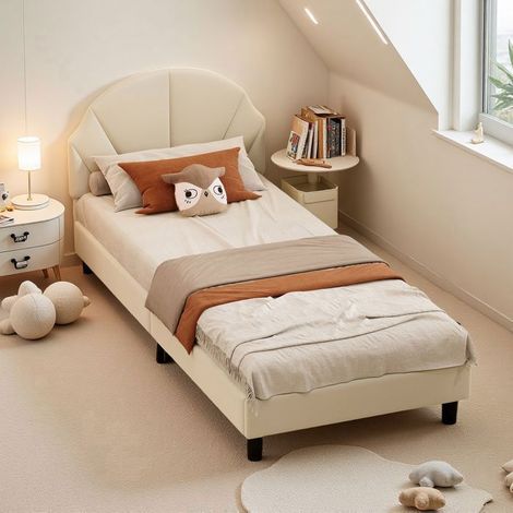 Bett 90x200 cm aus beigem Velours mit Lattenrost und verstellbarem Kopfteil