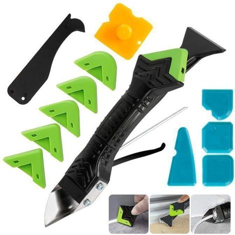Outil de retrait de mastic 5 en 1, kit d'outils de calfeutrage en silicone avec 4 grattoirs d'angle, 6 entretoises amovibles (1/5)