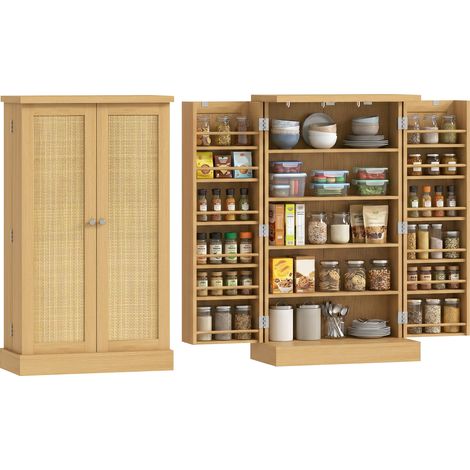 Meuble de cuisine en rotin de 104 cm avec étagères à 5 niveaux, 12 compartiments à épices et étagères réglables. Finition naturelle. (1/5)